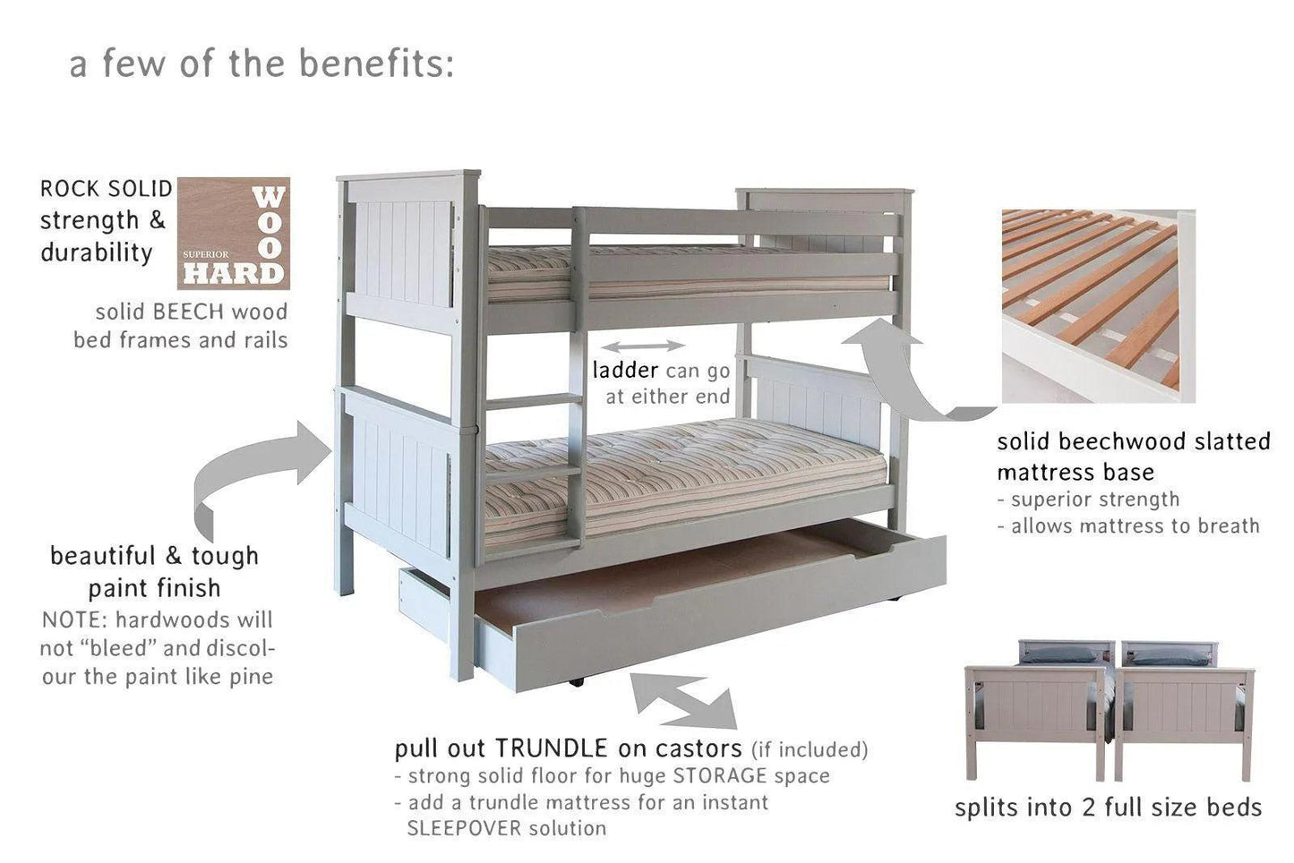 Classic Beech Detachable Bunk Beds with optional Trundle