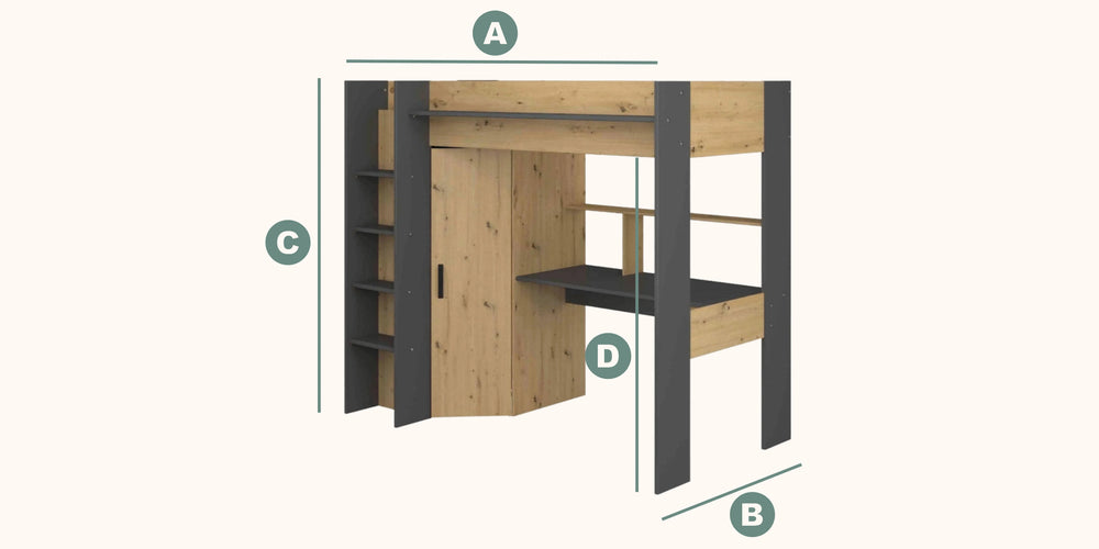 Kensington High Sleeper with Desk & Wardrobe dimensions