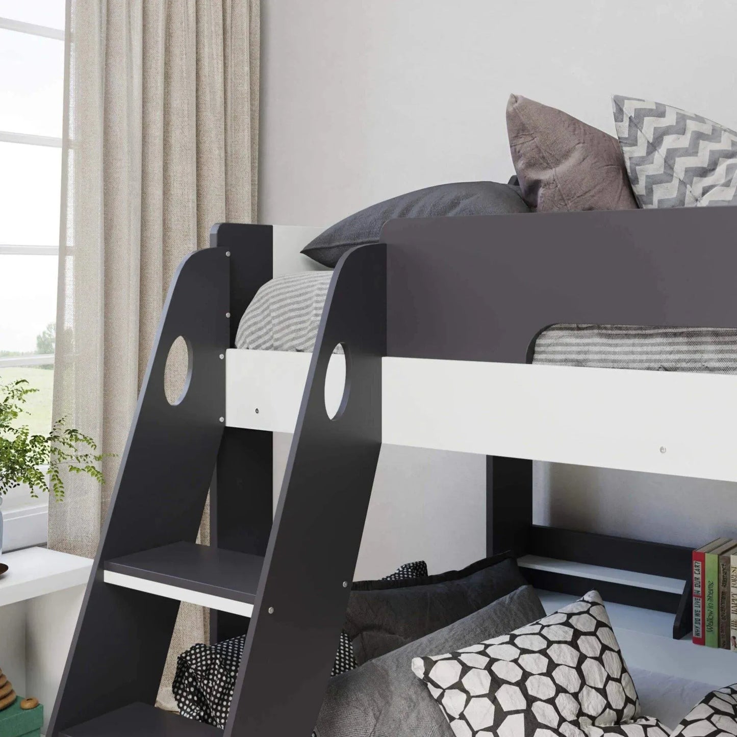 Flick Dark Grey Triple Bunk Bed with Storage Shelves & Drawer