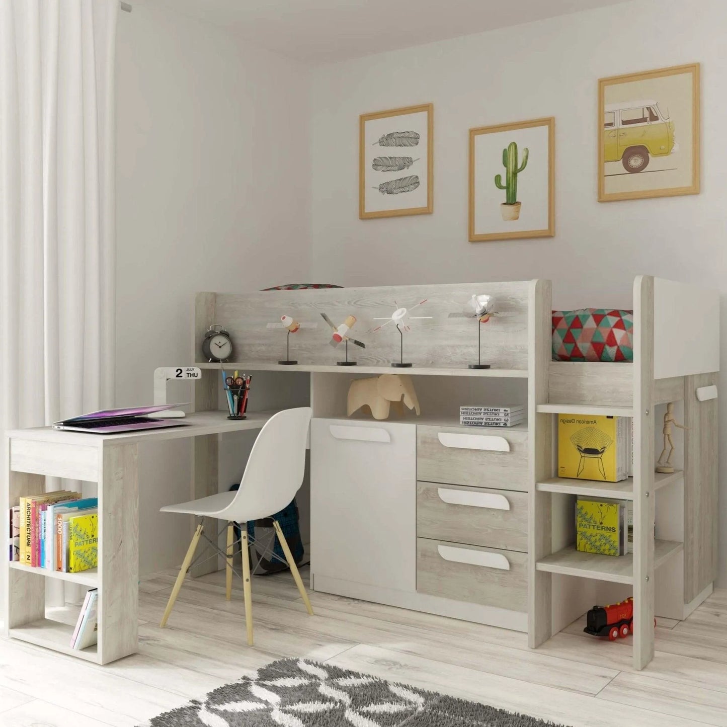 Girona Mid Sleeper Bed with Pull Out Desk, Cupboard & Drawers