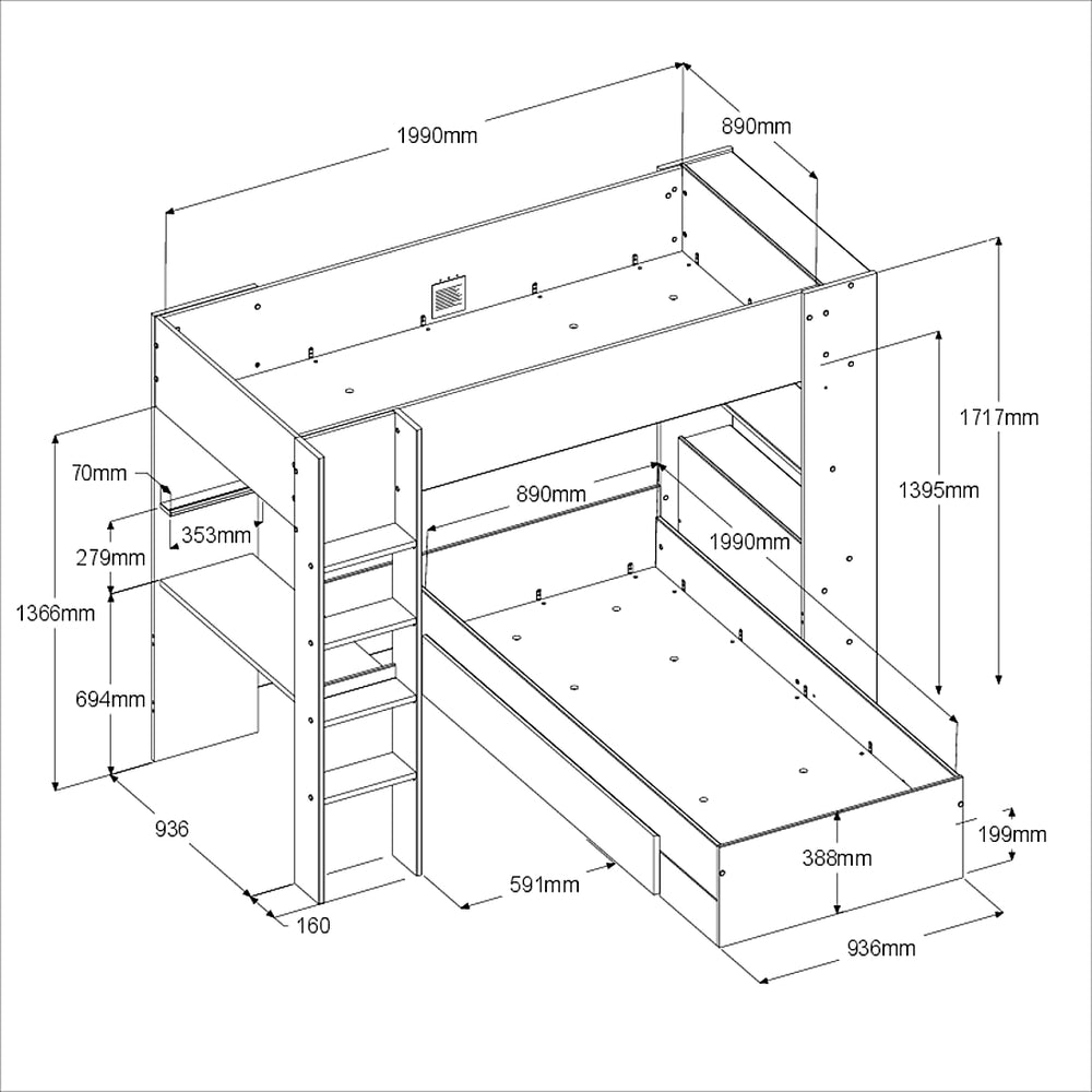 Kingston Oak Cashmere Bunk Bed dimensions