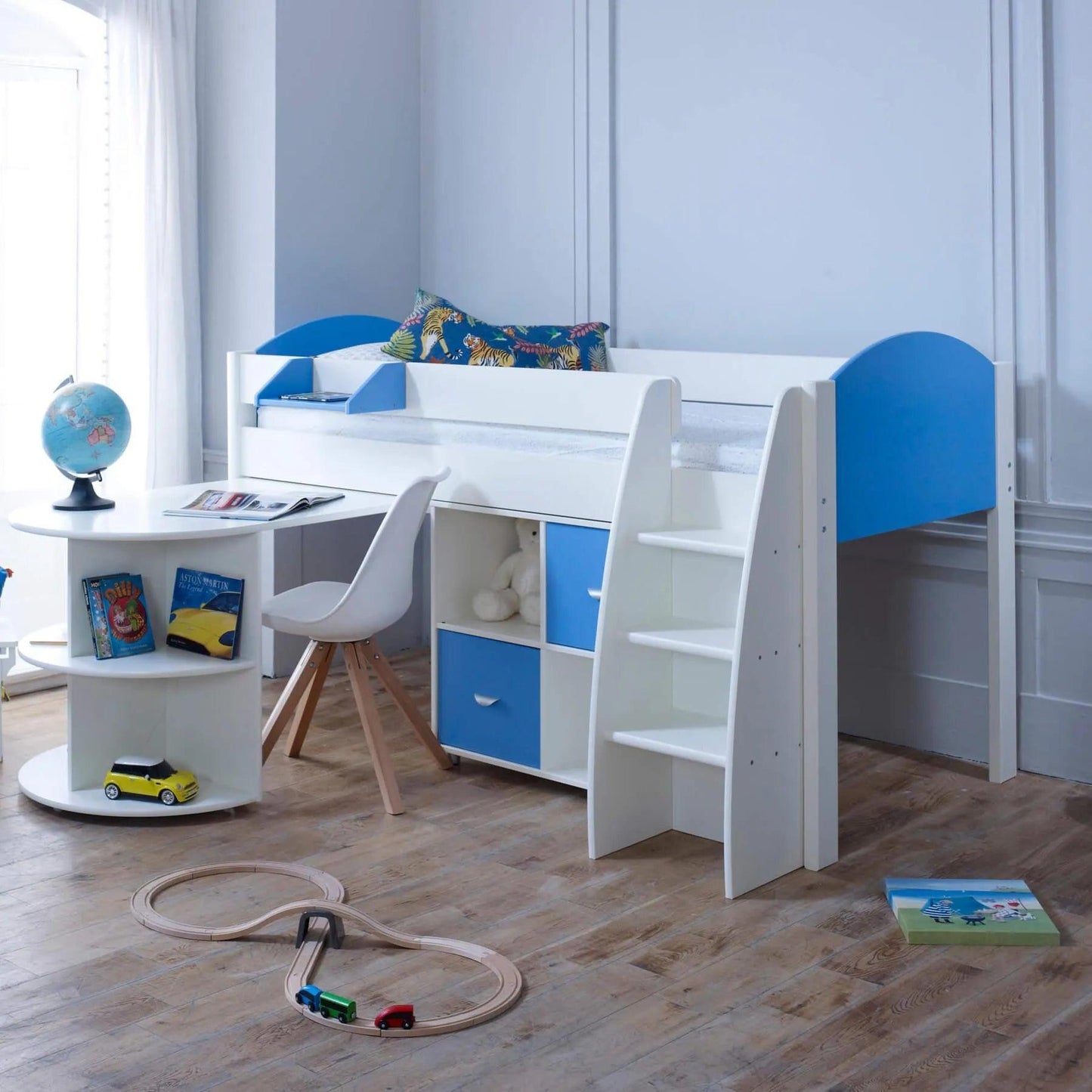Noah & Eli Mid Sleeper Bed with Pull Out Desk & Storage
