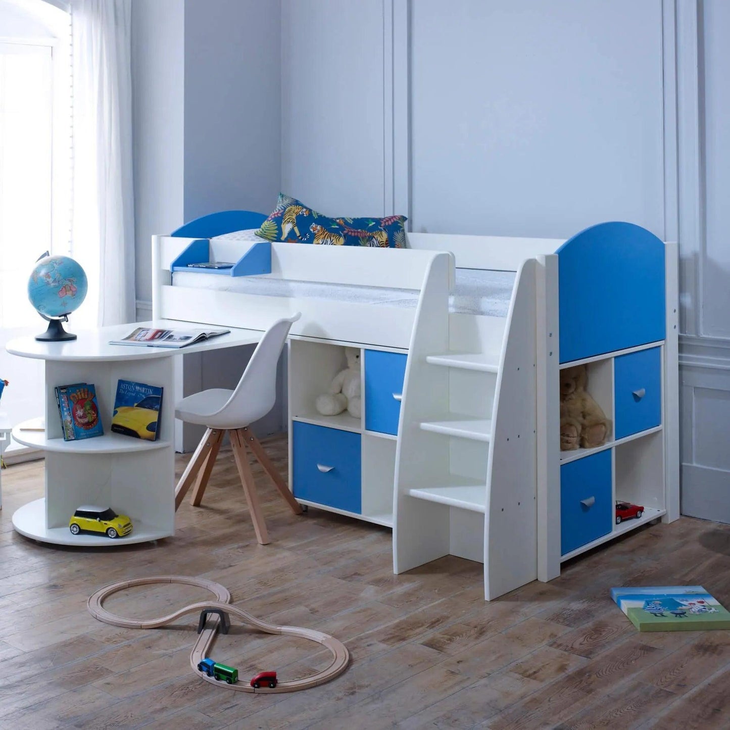 Noah & Eli Mid Sleeper Bed with Pull Out Desk & Storage