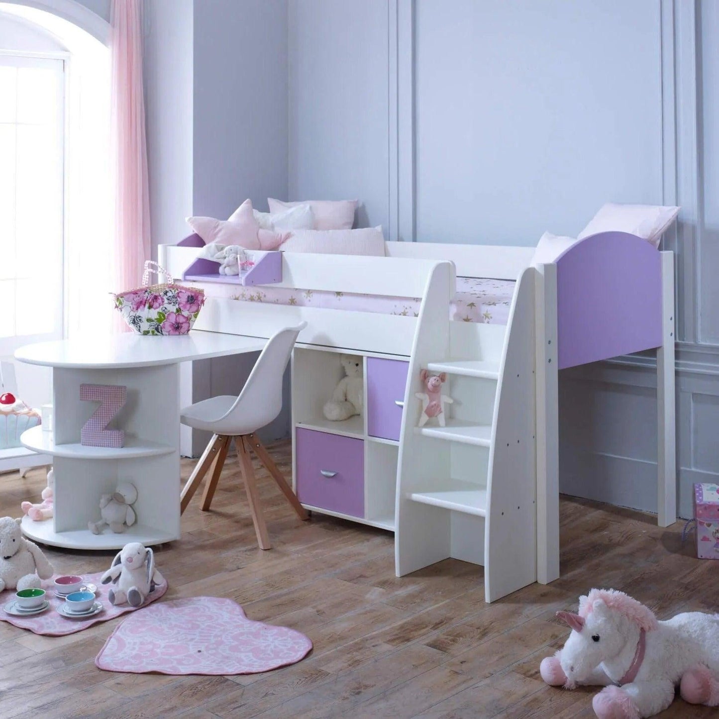 Noah & Eli Mid Sleeper Bed with Pull Out Desk & Storage