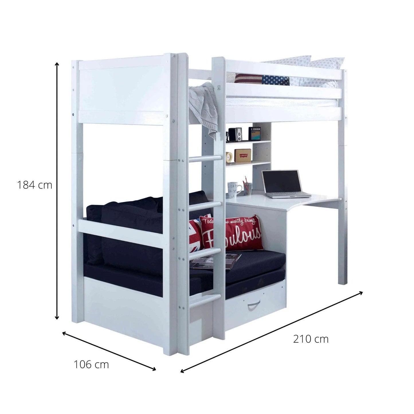 Nordic High Sleeper Loft Bed with Desk, Shelves & Chair Bed