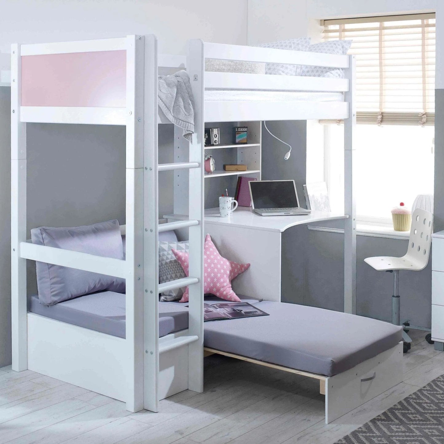 Nordic High Sleeper Loft Bed with Desk, Shelves & Chair Bed