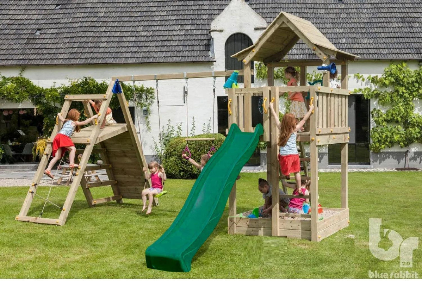 Pagoda Climbing Frame with Slide, Sandpit & Rockwall