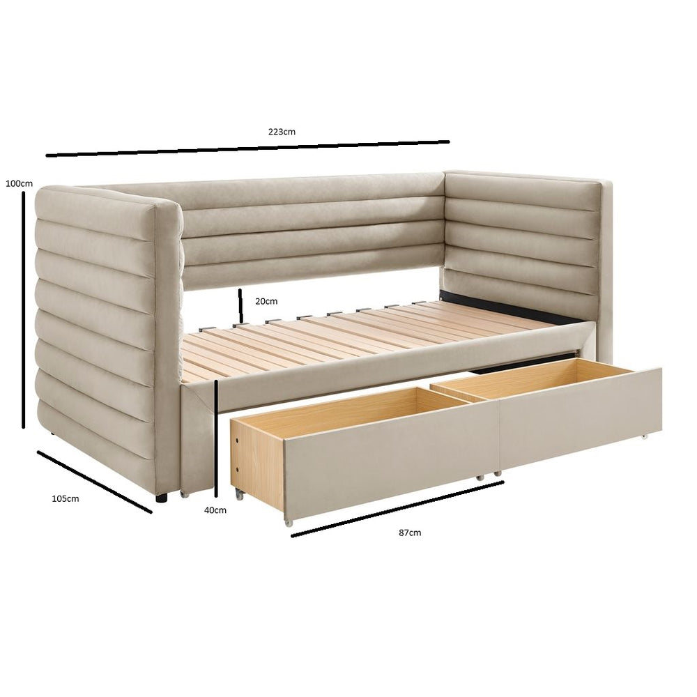 Elowen Velvet Daybed with Two Storage Drawers dimensions