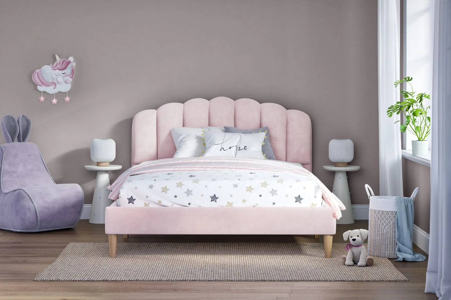 Scallop Velvet Pink Bed Frame