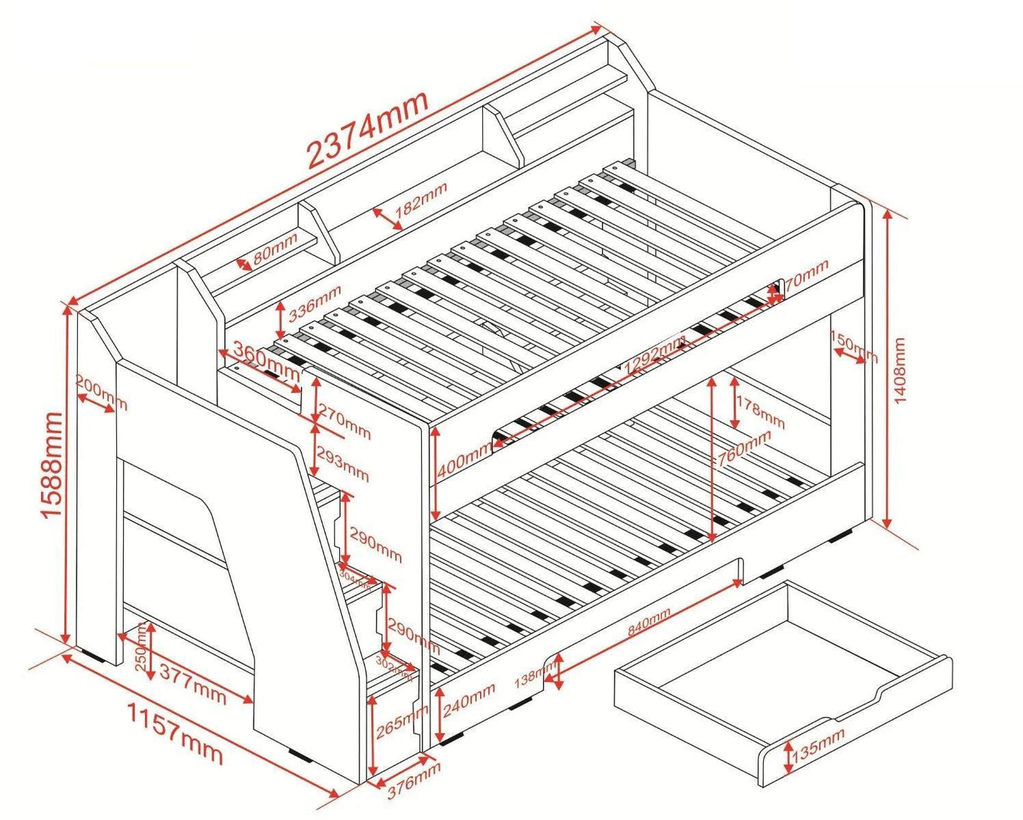 Slick White Staircase Bunk Bed with Storage