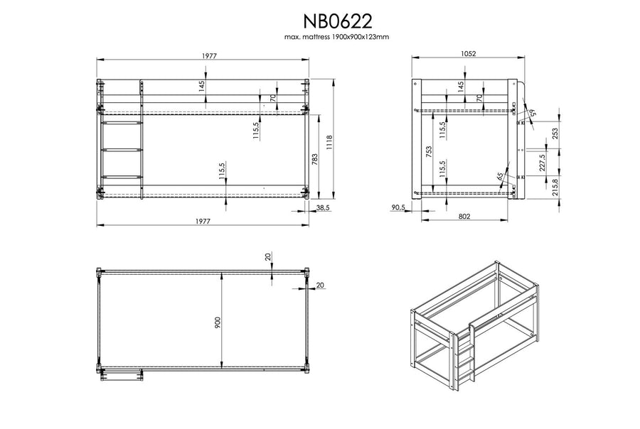 Nyla Cashmere Low Bunk Bed dimensions