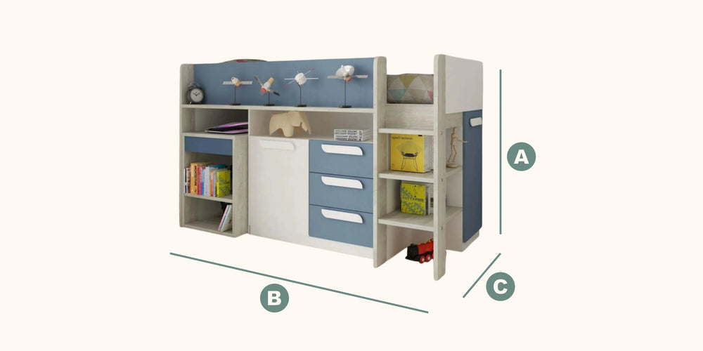 Girona Mid Sleeper Bed with Desk, Cupboard & Drawers dimensions