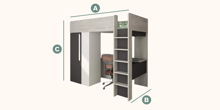 Highgate High Sleeper with Desk, Wardrobe & Shelves dimensions