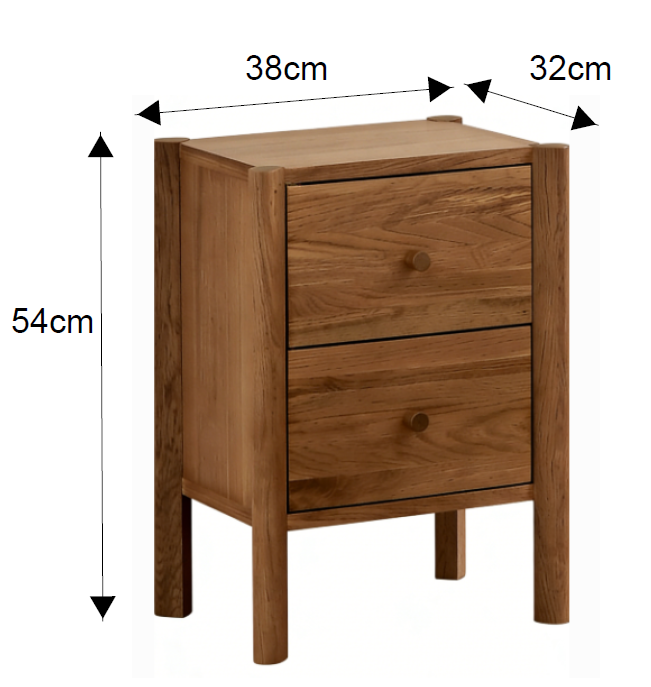 Oakmere Two Drawer Oak Bedside Table dimensions