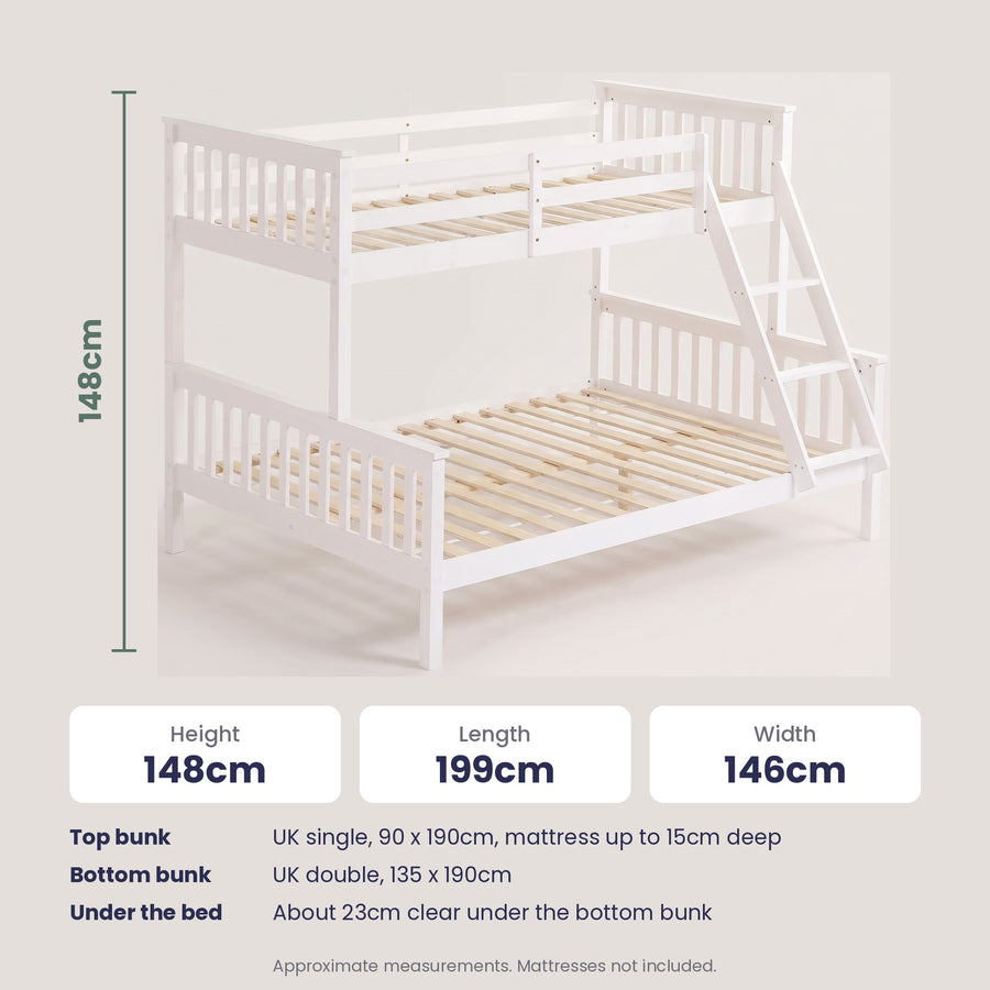 Thornbury White Pine Triple Bunk Bed with Double Bottom dimensions
