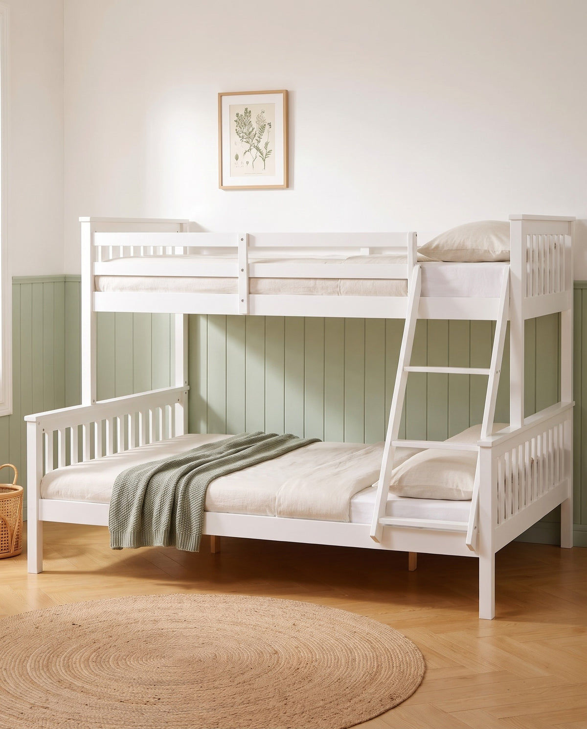 Thornbury white triple bunk bed with a single top bunk and double bottom bunk in a sage green bedroom