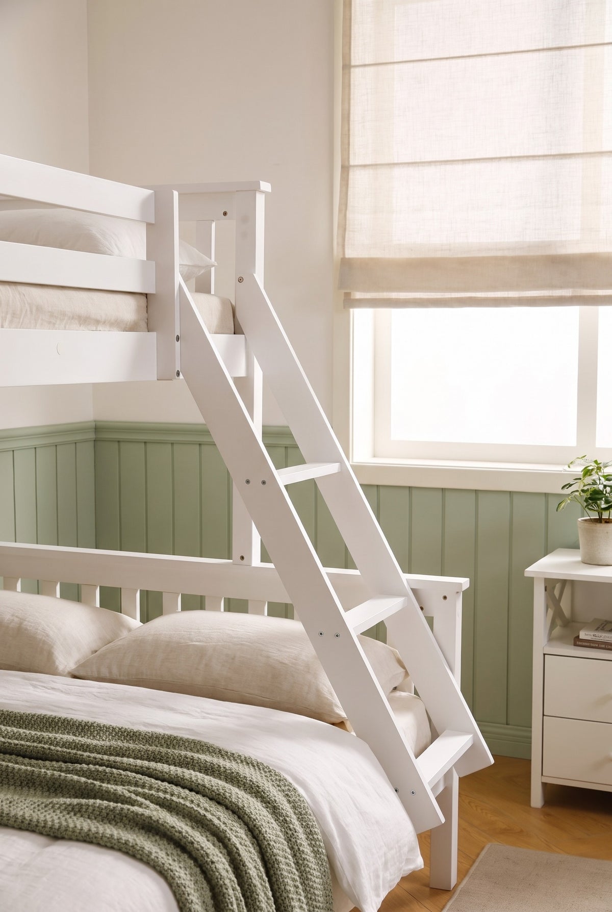 Close-up of the Thornbury triple bunk bed's angled ladder with flat treads