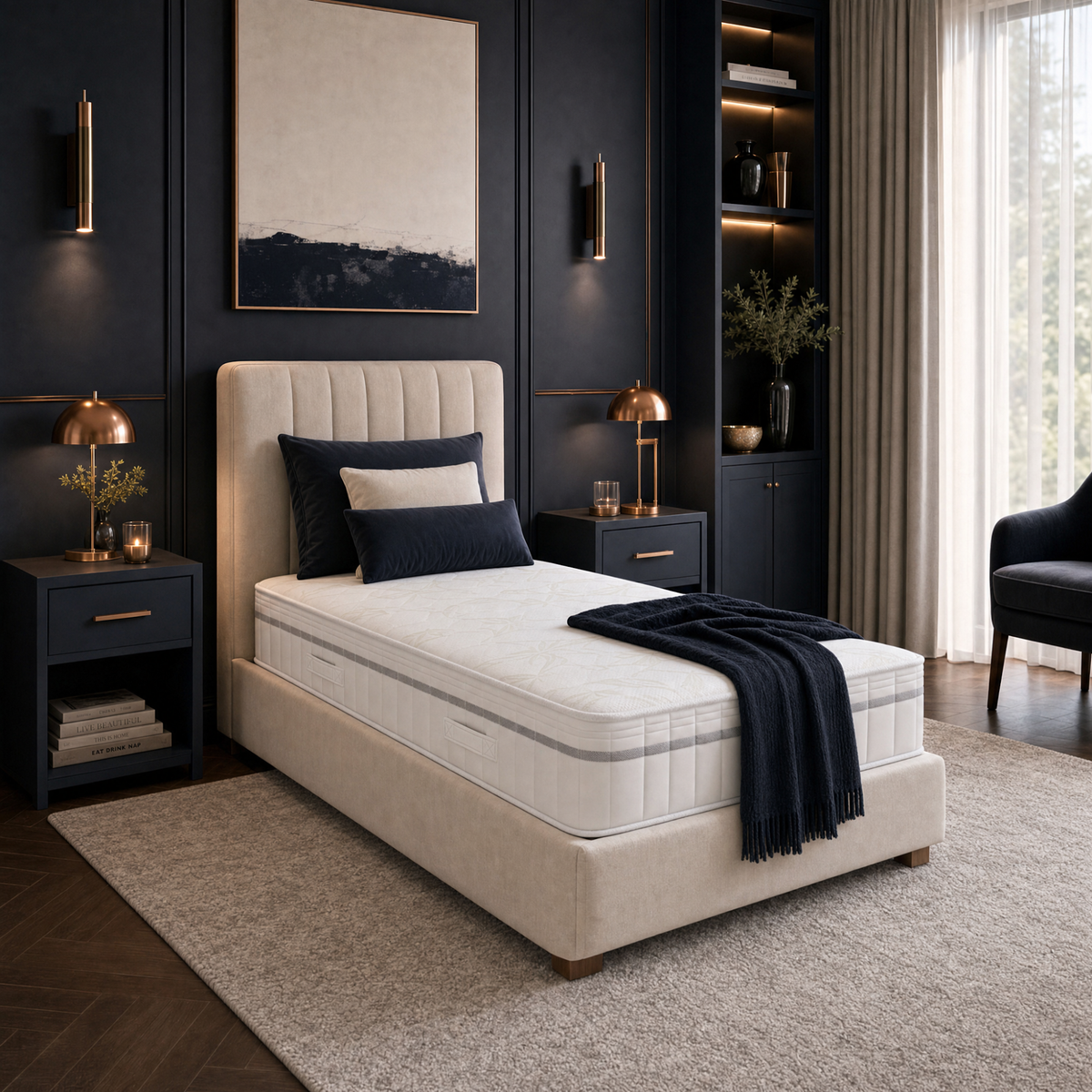 Copper Drift 1000 Pocket Sprung Mattress on a bed in a bedroom