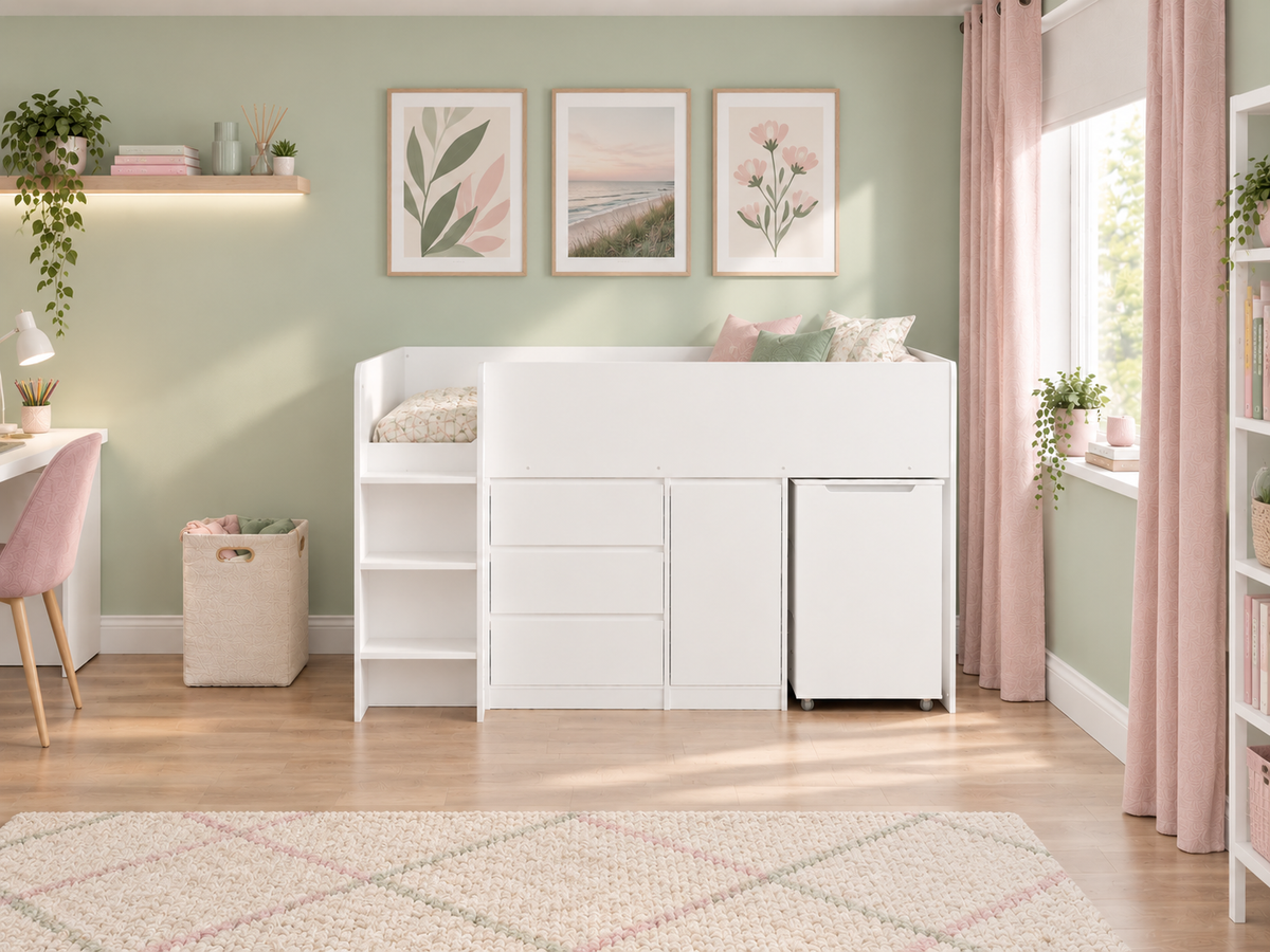Ludlow Mid Sleeper in white, with three drawers, a cupboard and the desk tucked under the bed