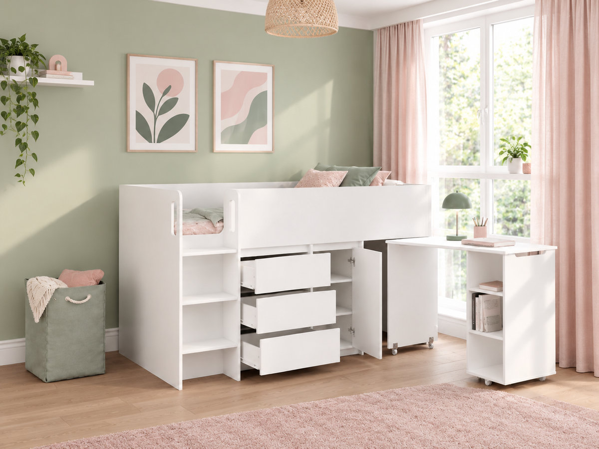 Ludlow Mid Sleeper in white with the drawers and cupboard open and the desk pulled out