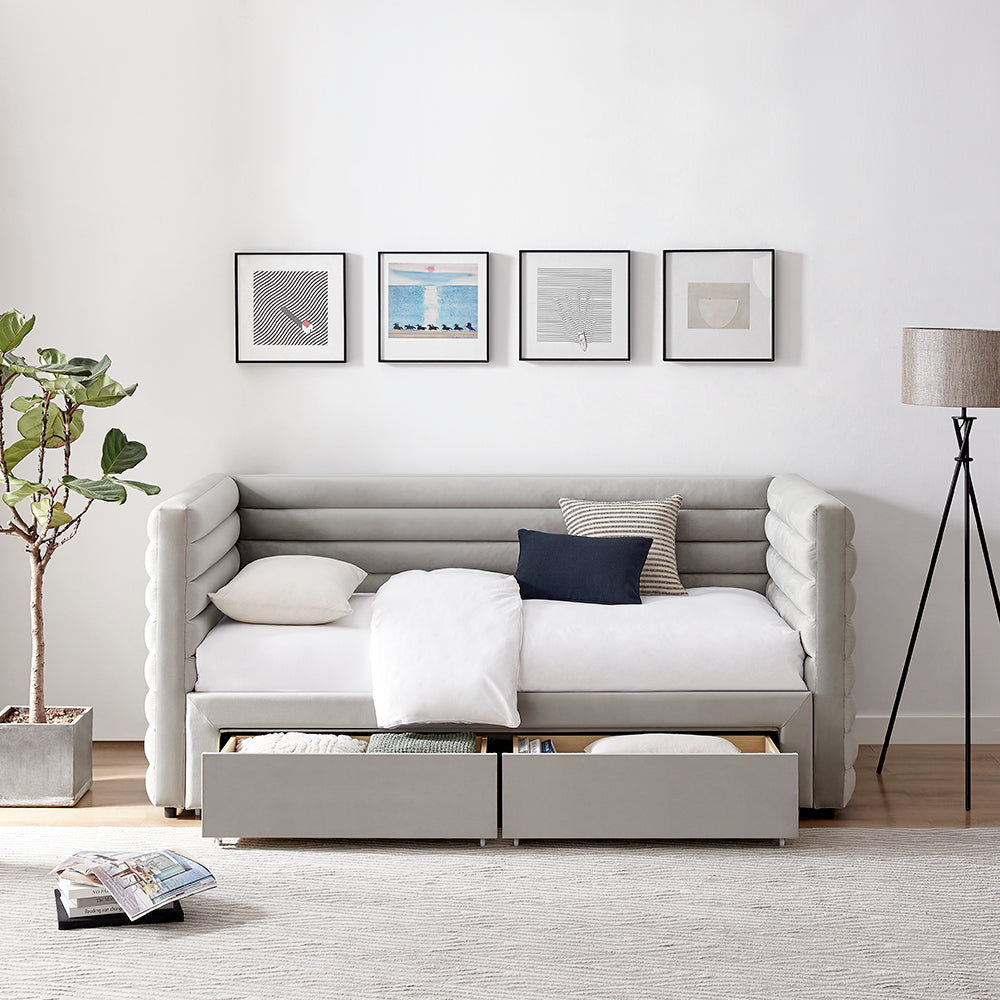 Elowen Velvet Daybed with Two Storage Drawers in Grey – product view 1