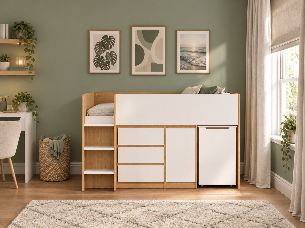Ludlow Mid Sleeper in oak effect with white fronts, front view