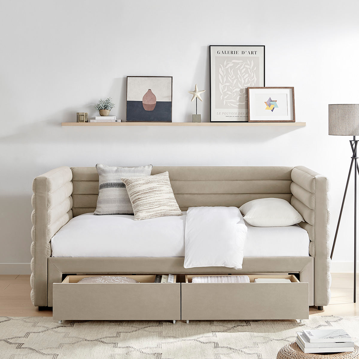 Elowen Velvet Daybed with Two Storage Drawers in Taupe – product view 10