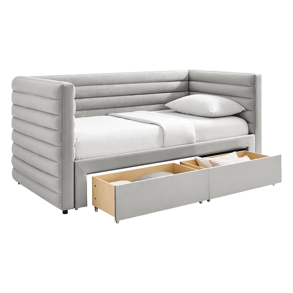 Elowen Velvet Daybed with Two Storage Drawers in Grey – product view 6