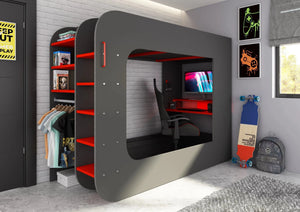 Alderley Gaming High Sleeper with Desk, Sofa Bed & Wardrobe