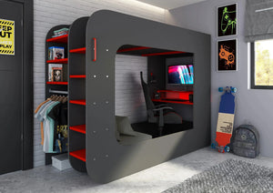 Alderley Gaming High Sleeper with Desk, Sofa Bed & Wardrobe