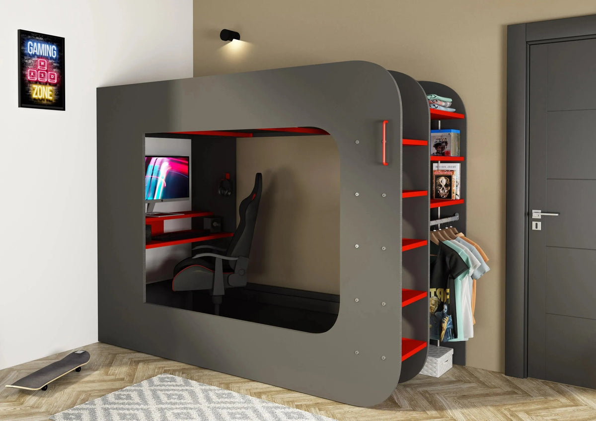 Alderley Gaming High Sleeper with Desk, Sofa Bed & Wardrobe