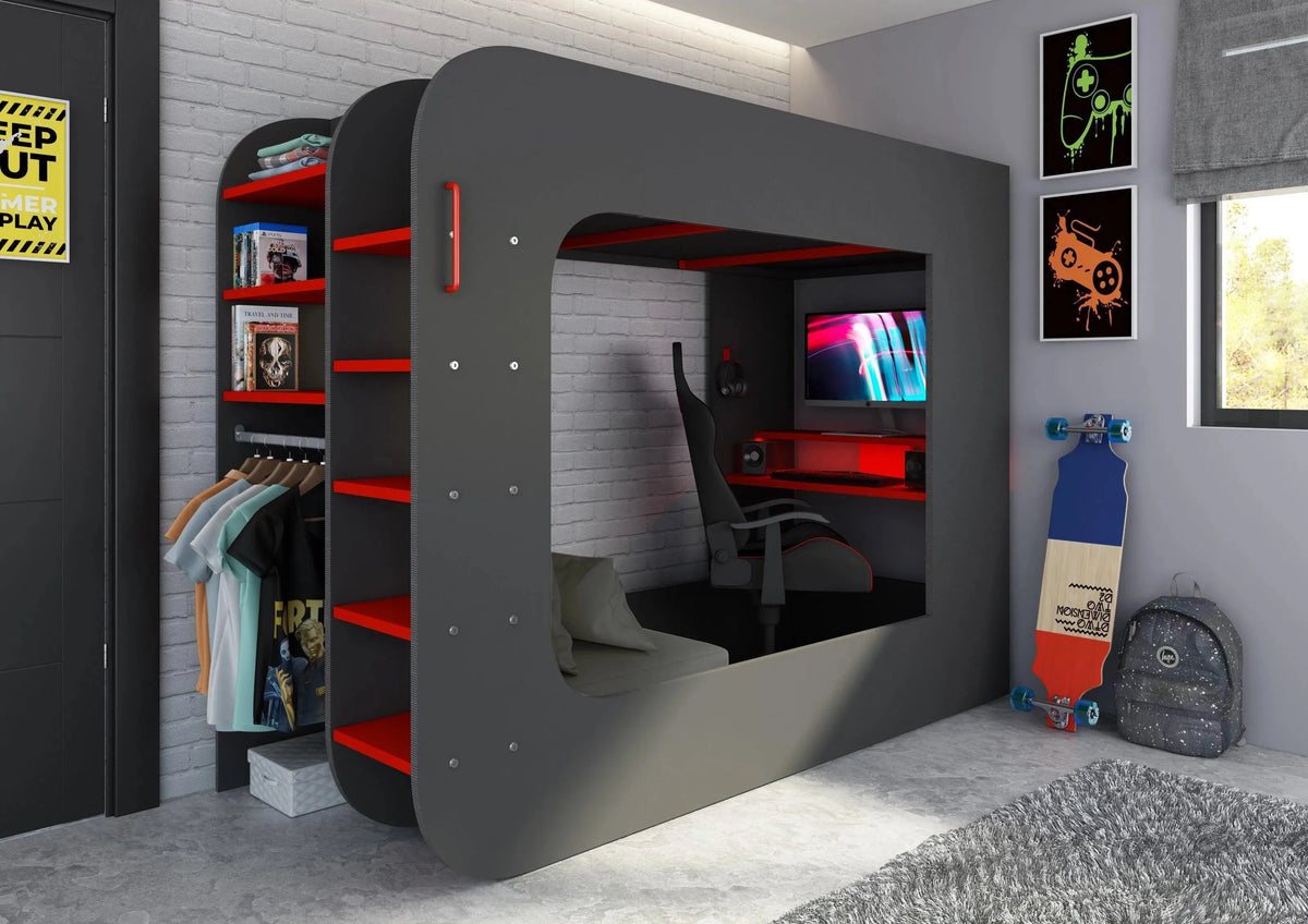 Alderley Gaming High Sleeper with Desk, Sofa Bed & Wardrobe