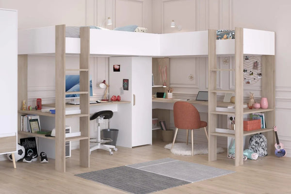 Alexandra L-Shaped Twin High Sleeper with 2 Desks & Wardrobe