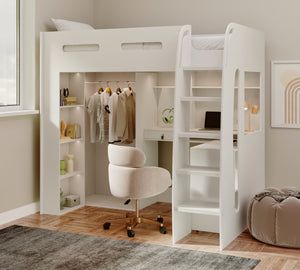 Arlo High Sleeper with Wardrobe, Desk & Shelves