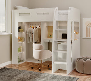 Arlo High Sleeper with Wardrobe, Desk & Shelves