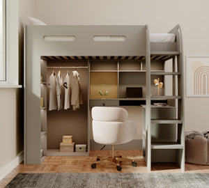 Arlo High Sleeper with Wardrobe, Desk & Shelves