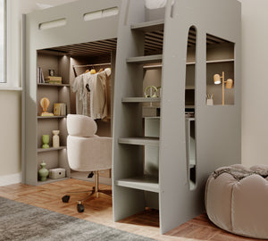 Arlo High Sleeper with Wardrobe, Desk & Shelves