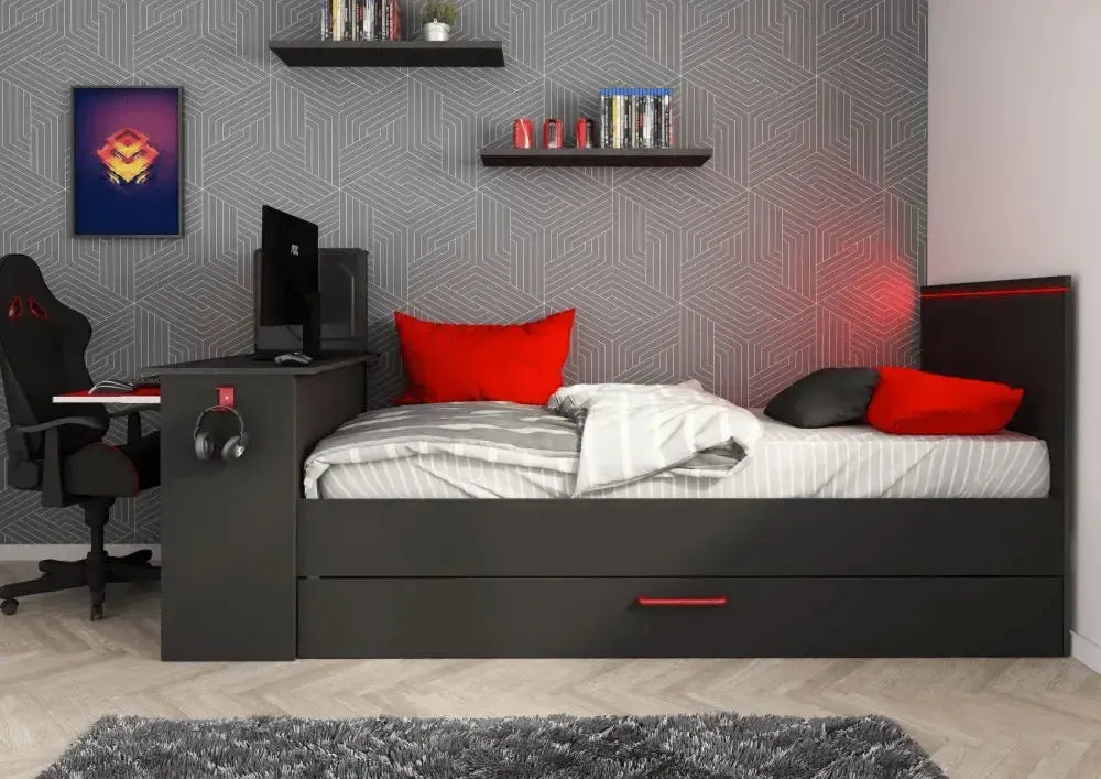 Front view of the B-Zone gaming bed with the desk and the trundle closed