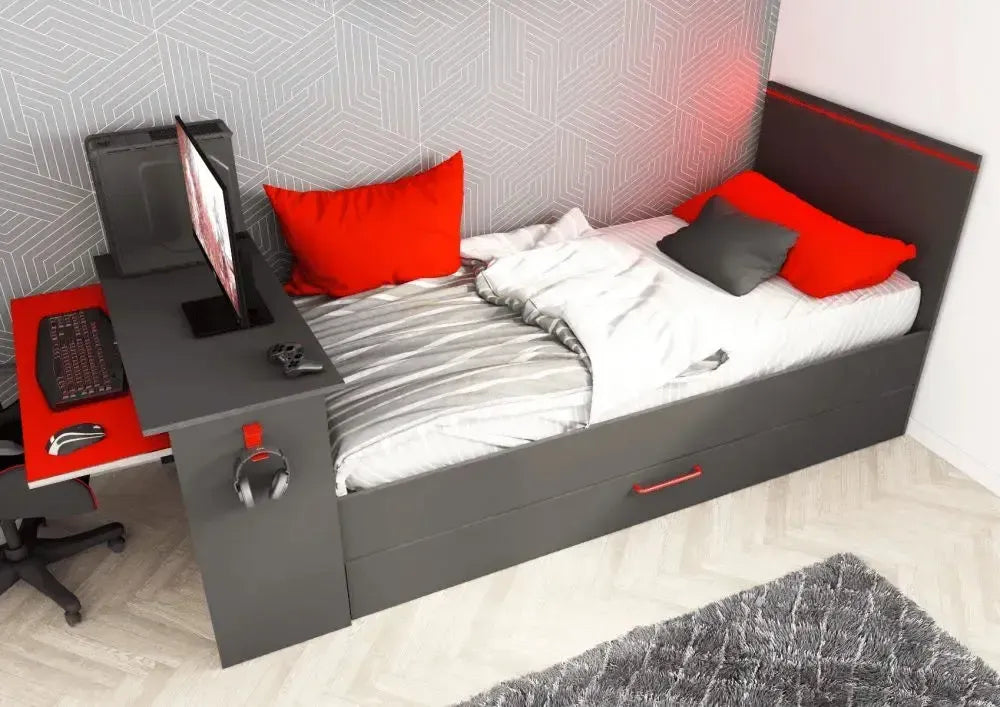 B-Zone gaming bed from above, showing the desk, keyboard shelf and headset hook