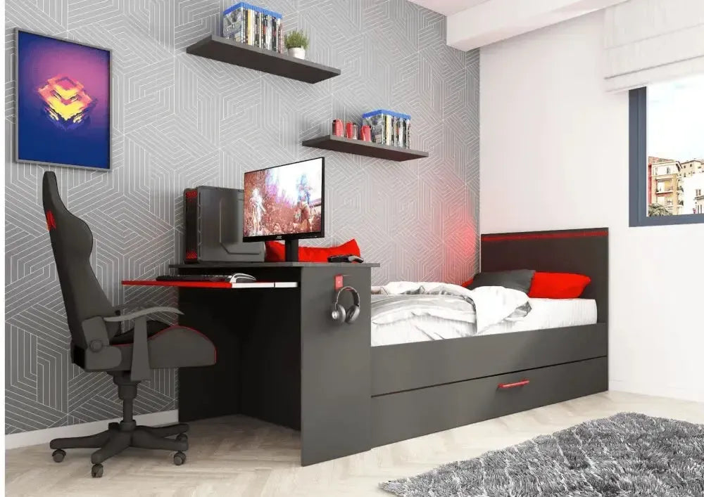 B-Zone gaming bed in dark grey with red trim and a built-in desk at the end