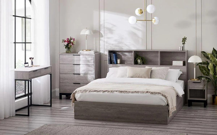 Bali Grey Oak Wooden Bookcase Ottoman Storage Bed