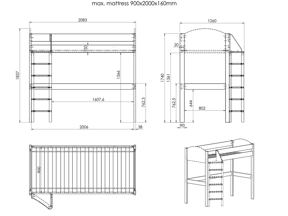 Balmoral High Sleeper with Desk, Pull-Out Chair Bed & Shelves dimensions