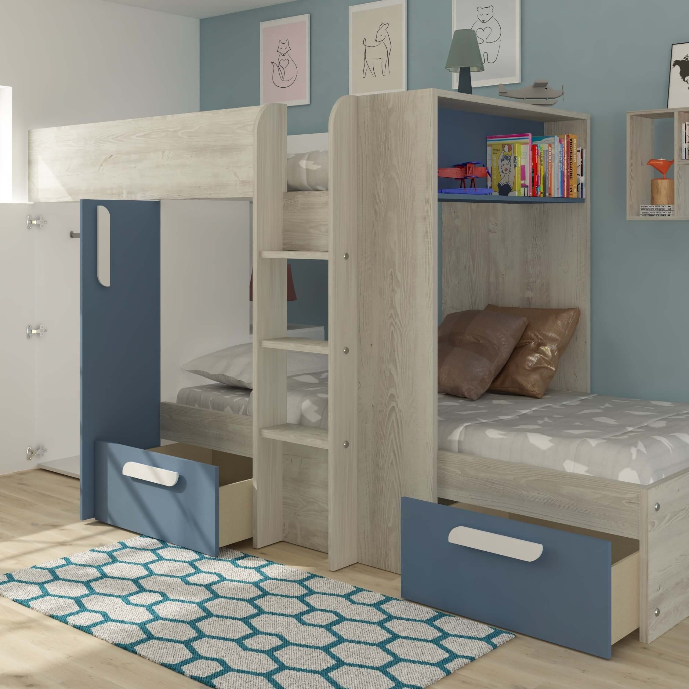 barca-bunk-bed-in-blue-with-storage-drawers-wardrobe-_-shelves-with-drawers-open