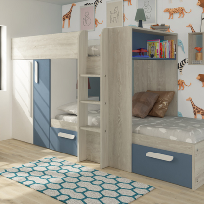 barca bunk bed in blue with storage and shelves