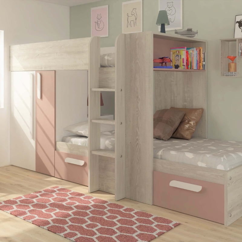 barca bunk bed in pink with storage and wardrobe