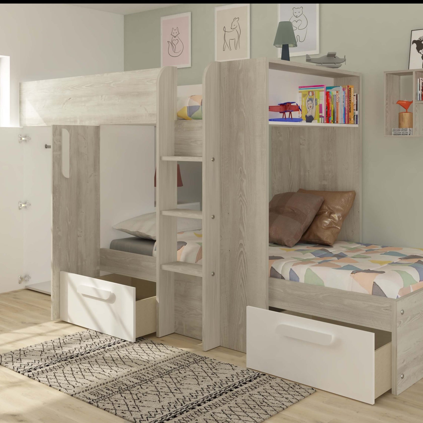 barca-bunk-bed-in-white-with-storage-drawers-wardrobe-_-shelves-with-drawers-open