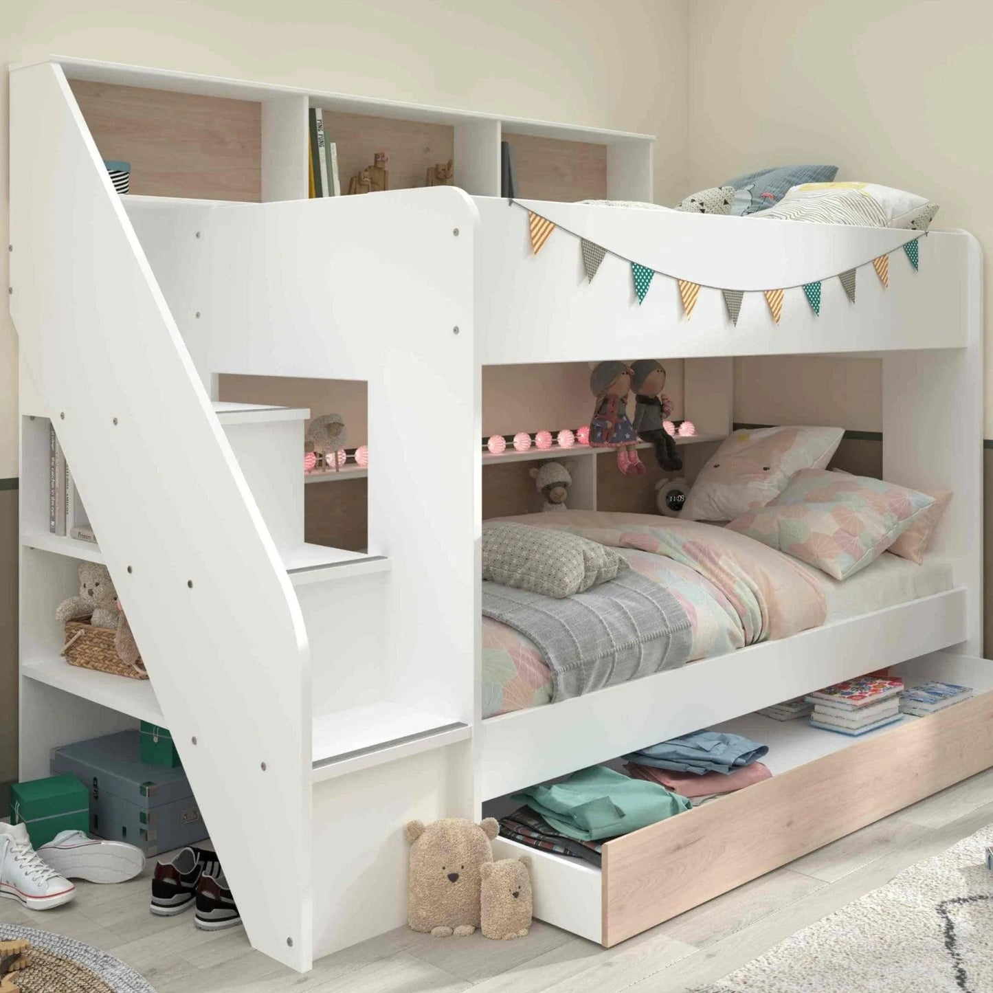 Biblio Bunk Bed with Stairs, Shelves & Optional Trundle Bed