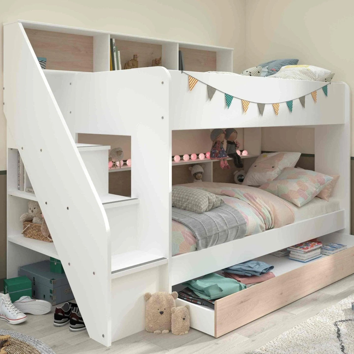 Biblio Bunk Bed with Stairs, Shelves & Optional Trundle Bed