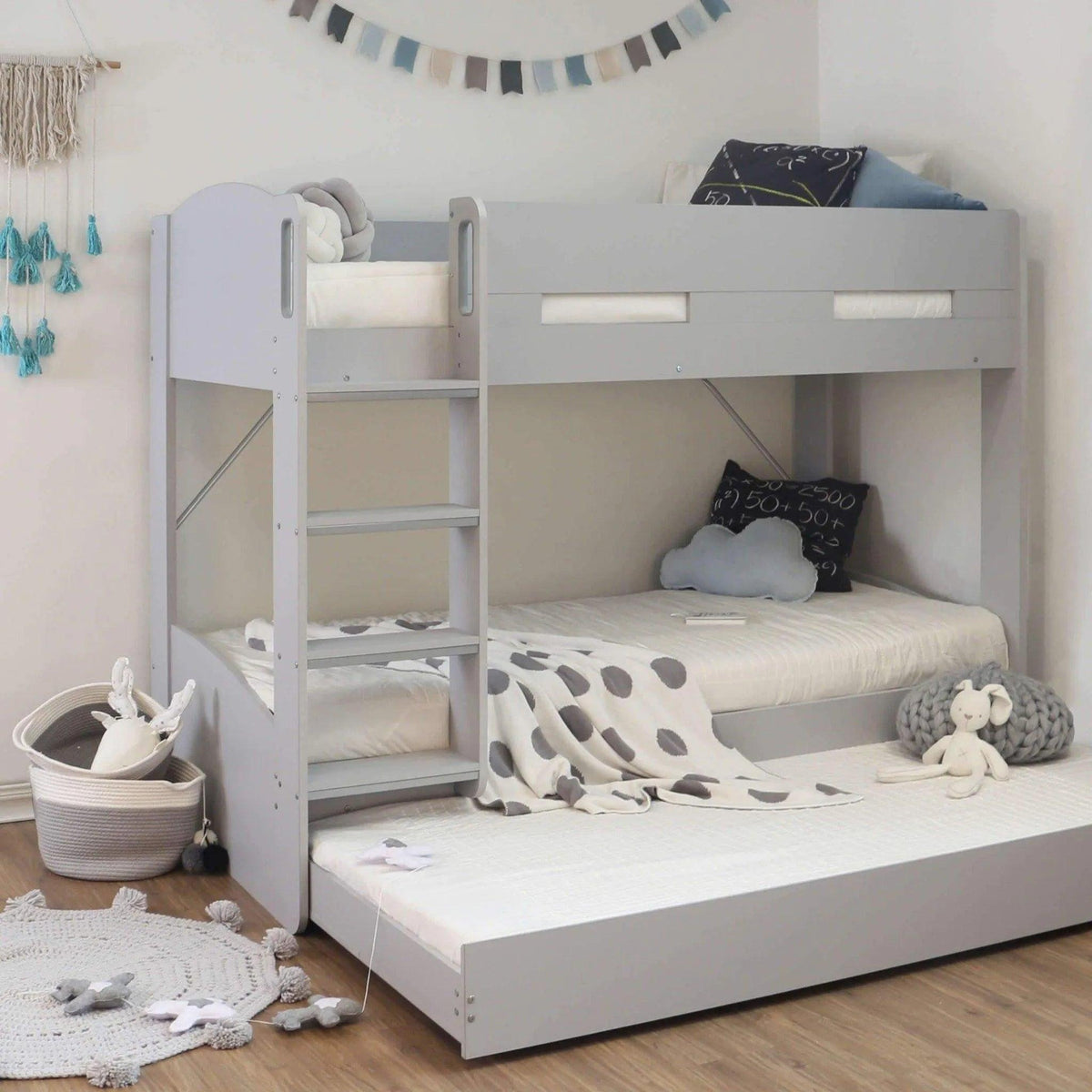 Ripley Bunk Bed in grey with the trundle pulled out as a third bed