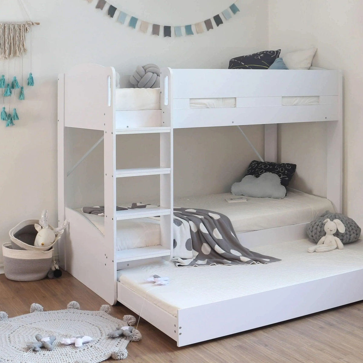 Ripley Bunk Bed in white with the trundle pulled out as a third bed